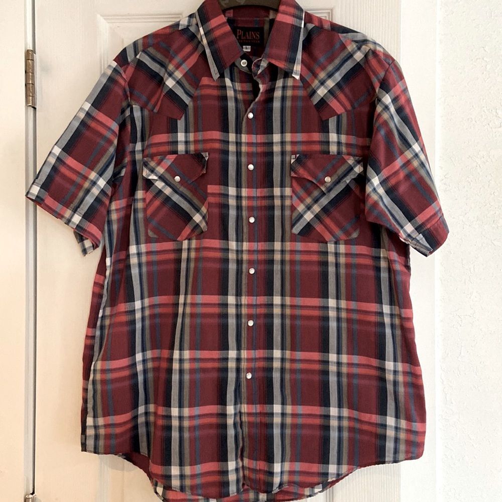 Short sleeve Plains Western Wear plaid Pearl snap Large